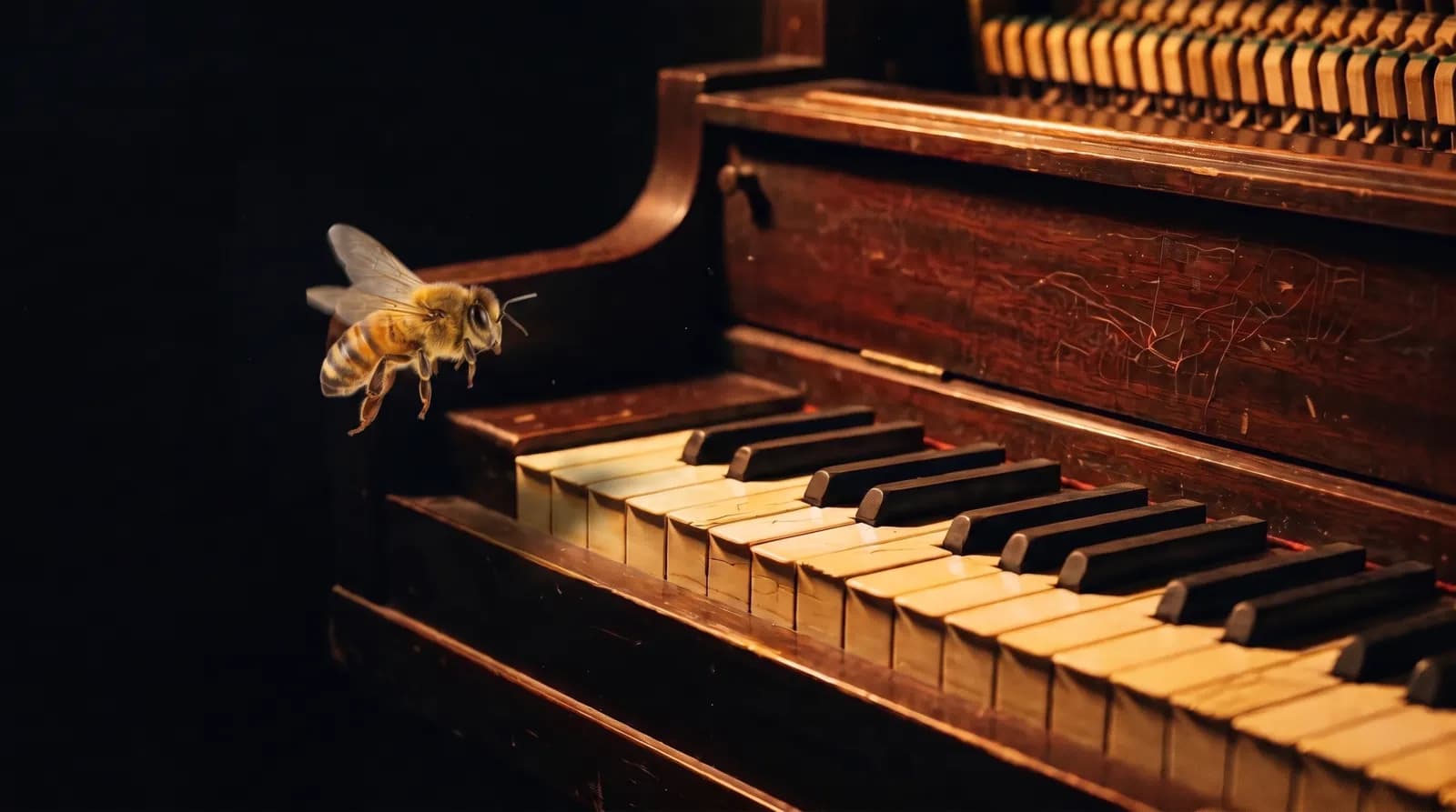Eine Biene fliegt im warmen Licht auf ein altes Klavier zu