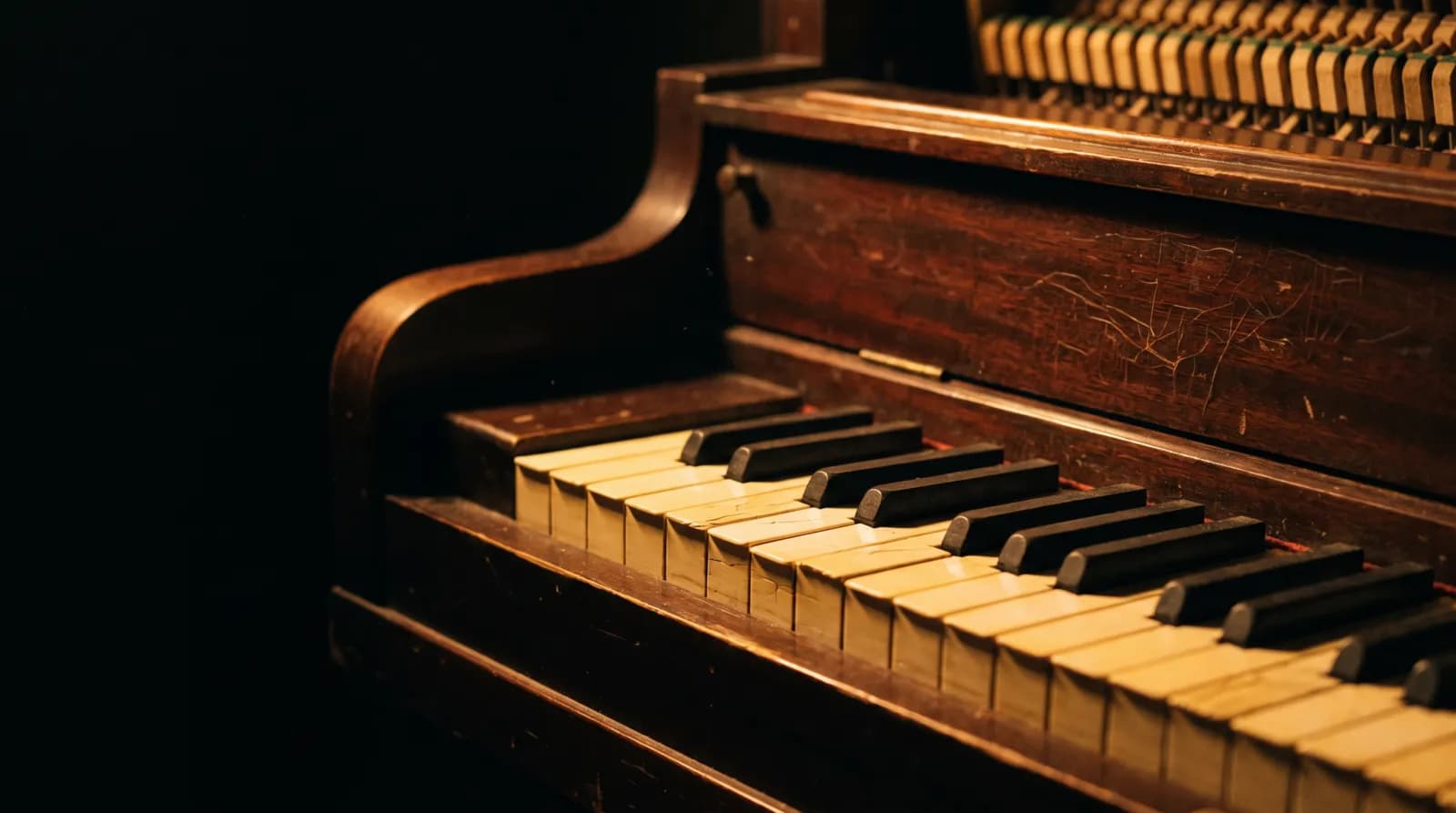 Ein altes Klavier mit geöffneter Klaviatur in einem dunklen Raum